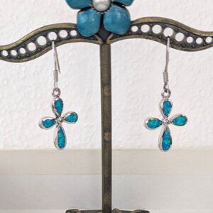 Sterling Silver AK Opal Inlay Christian Cross Dangle Pierced Earrings